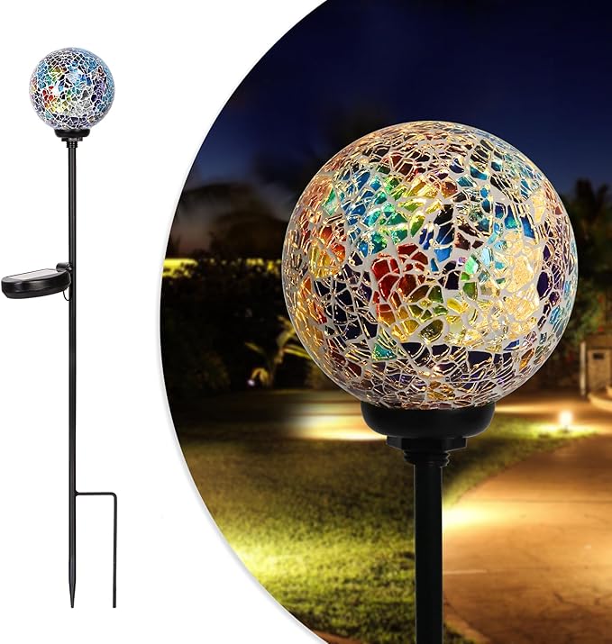 Solar Garden Lights Outdoor Decorative - Solar Gazing Ball Mosaic Garden Stakes Decorative Waterproof Outdoor Lights for Pathway Yard Lawn Decoration Multi