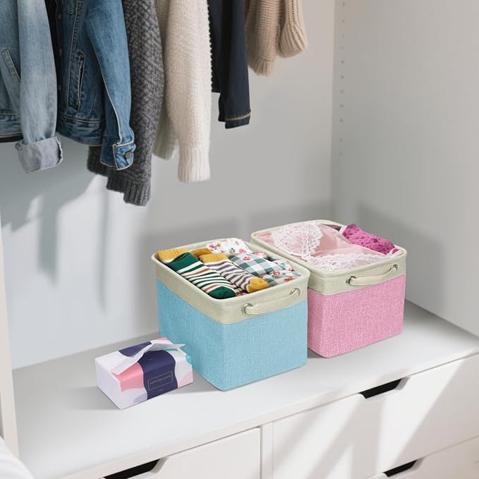 BALEINE 2 Pack Fabric Storage Bins for Shelves, Linen Storage Baskets for Organizing, Decorative Closet Bins for Clothes, Home (Navy Blue, 12"x8"x8")