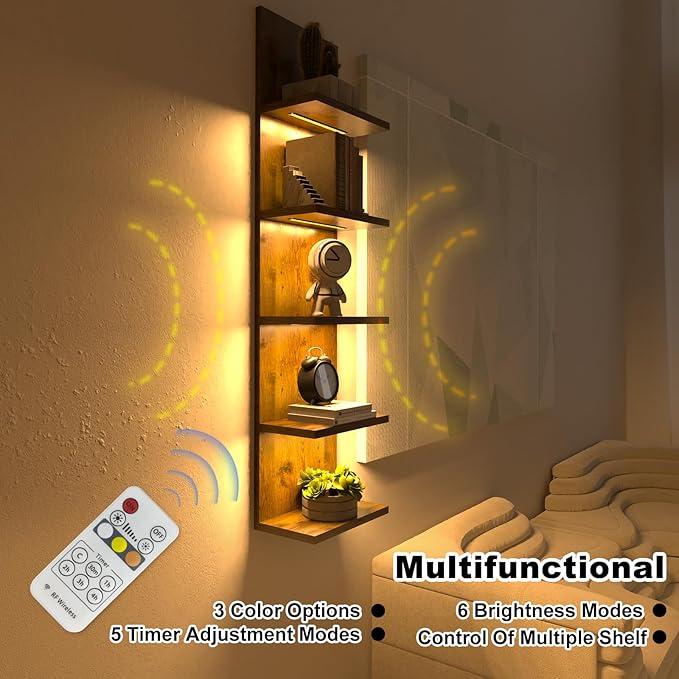 5 Tier Wall Shelf Unit, Modern Vertical Lack Wall Shelves with Light, Wall Mount, Floating Column Home Decor Shelves for Bedroom, Living Room, Vanity Storage Display(Dark Brown)