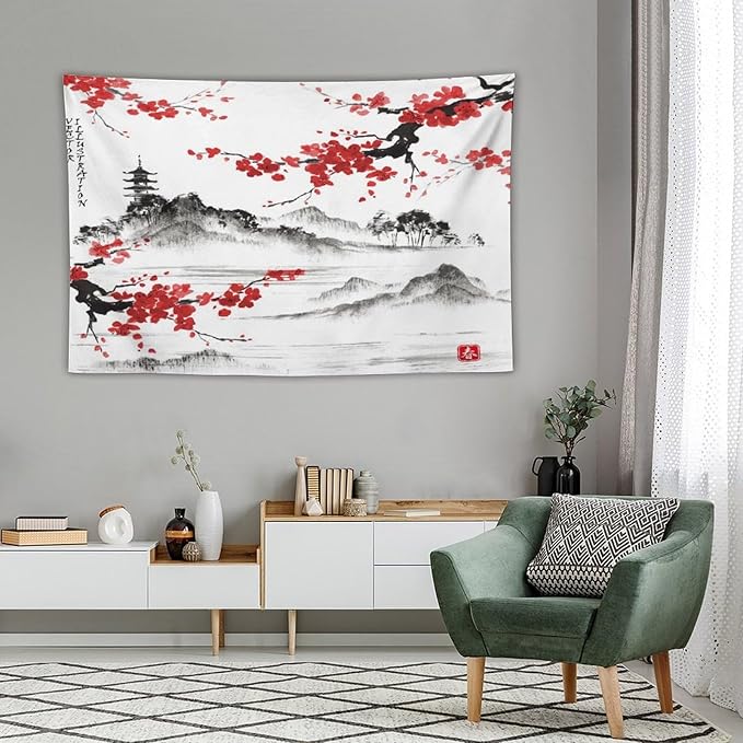 Cherry Blossoms Tapestry, Japanese Fuji Mountain Tapestry, Asian Japanese Wall Tapestry, Nature Landscape Tapestries for Bedroom Living Room Decor 60"x40"