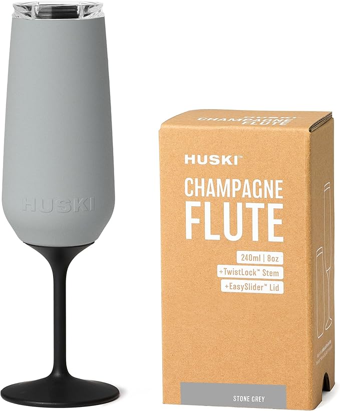 Huski Champagne Flute | NEW | Award-winning Design with Detachable Stem | Premium Stainless Steel Champagne Glass with Lid | Triple Insulated Tumbler | 8oz Capacity | Great Gift (Stone Grey)