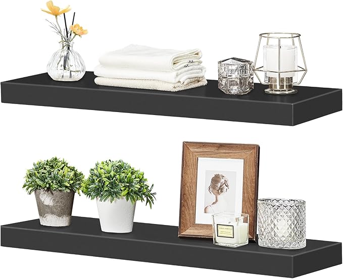 HOOBRO Floating Shelves for Wall, Wall Mounted Shelf Set of 2, 23.6" Hanging Shelf with Invisible Brackets, for Wall in Bathroom, Bedroom, Toilet, Kitchen, Living Room, Office, Black BK60BJ01