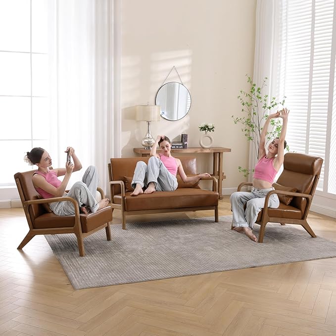 INZOY Mid Century Modern Accent Chair with Wood Frame, PU Leather Reading Armchair with Waist Cushion, Upholstered Living Room Chairs for Bedroom Sunroom (Camel)