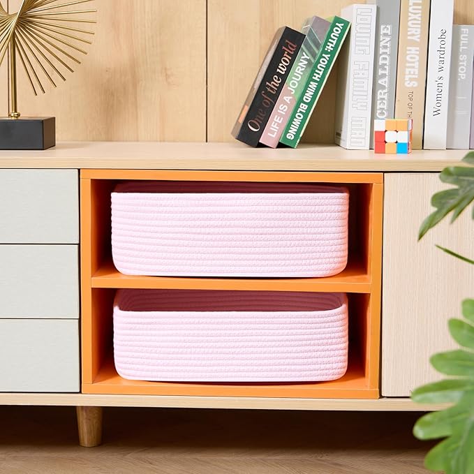 Large Shallow Organizing Baskets 15x11x5.1 Inches - Rope Woven Storage Bins for Bathroom, Shelves, Cube Closet, Light Pink 2 Packs