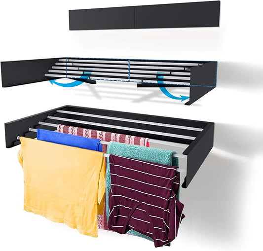 Step Up Laundry Drying Rack (28-INCH Industrial Gray), Wall Mounted, Retractable Clothes Drying Rack, 40lbs Capacity, 11.6 Linear Ft, with Wall Template and Long Screwdriver Bit