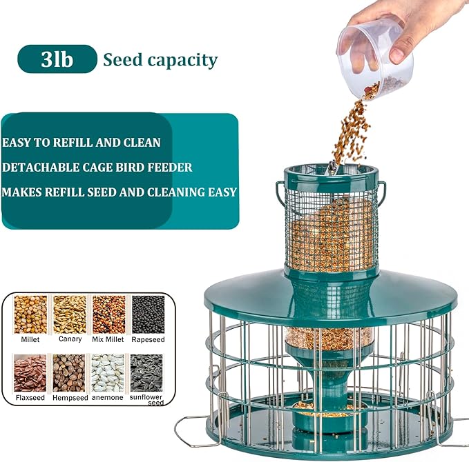Upgraded Caged Bird Feeders Squirrel-Proof, Flexible Adjustment of Grille Size, 3 Lbs Seed Capacity, DIY Starling-Proof Caged Tube Hanging Wild Bird Feeder, Attract Small Birds(Deep Green)