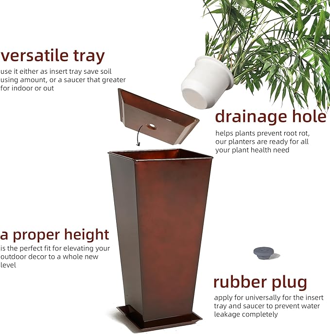 KOL 25''H. Galvanized Steel Planter with Saucer, Tall Glazed Planter Pots for Indoor & Outdoor Use, Set of 2, Decorative Flower Plant Pots with Drainage Hole for Porch, Patio, Deck - Reddish Brown