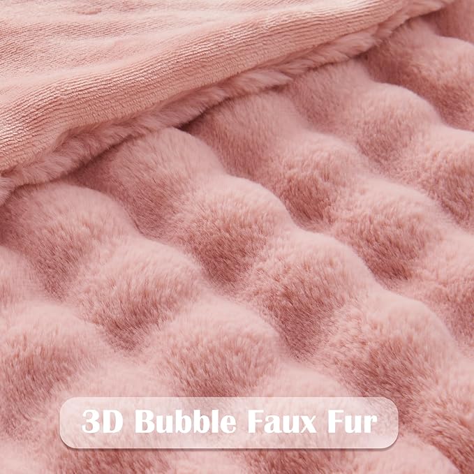 NEWCOSPLAY Faux Fur Throw Blanket Pink Bubble Blanket Thick Warm Soft for Couch Sofa Bed 550GSM (Pink, Throw(50"x60"))