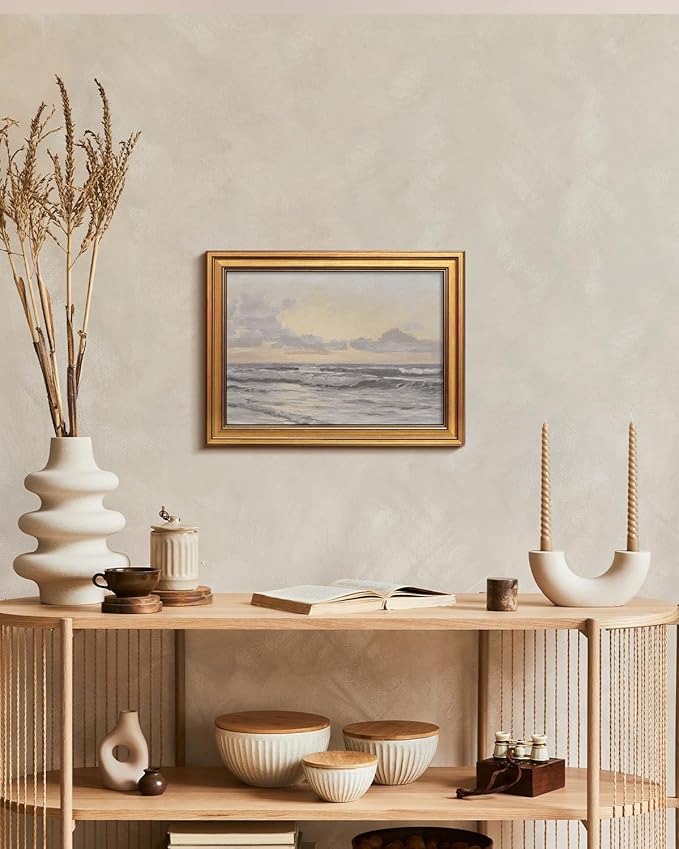 HUARCEY Gold Framed Vintage Wall Art for Living Room, Landscape Painting Prints Shelf Decor for Kitchen, Aesthetic Bedroom Wall Art, Christmas Gifts for Friends or Family (Sea or Sky - 12"x16")