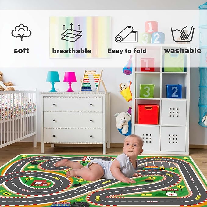 Kids Rug Race Track Play mat Playroom Rug Car Rugs for Kids Toy Cars Road Rugs for Kid Classroom (Race-Green, 2.6x3.9ft)