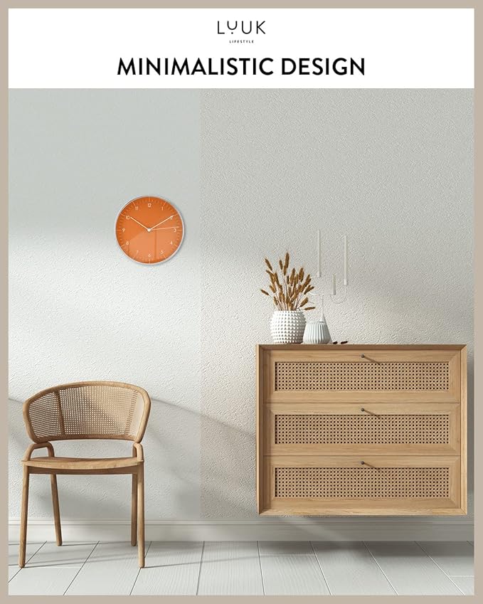 LUUK LIFESTYLE Silent Quartz Wall Clock, Modern and Minimalist Design, Without Ticking, 10” Kitchen Clock, for Living Room, Bedroom, Housewarming Gift, Orange and Silver