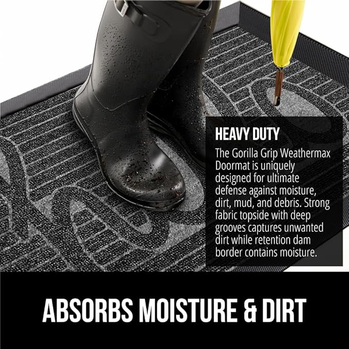 GORILLA GRIP 100% Waterproof All-Season WeatherMax Doormat, 47x35, US Designed Natural Rubber, Stain and Fade Resistant, Low Profile Indoor Outdoor Door Mats, Easy Clean Patio Mat, Charcoal Hello