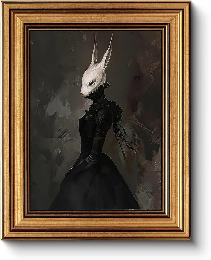 HUARCEY Gold Framed Vintage Wall Art Canvas Prints Gothic Room Decor Vintage Rabbit Lady Wall Decor, Aesthetic Dark Academia Halloween Pictures Oil Painting Goth Decorations 8x10in
