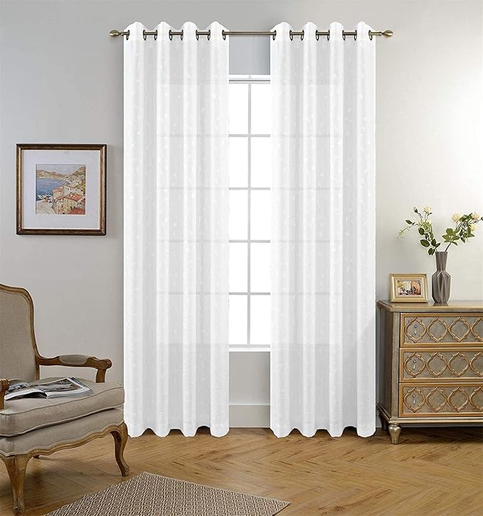 MIUCO Floral Embroidered Semi Sheer Curtains Faux Linen Grommet Window Curtains for Bedroom Living Room 84 Inches Long 2 Panels, Pure White
