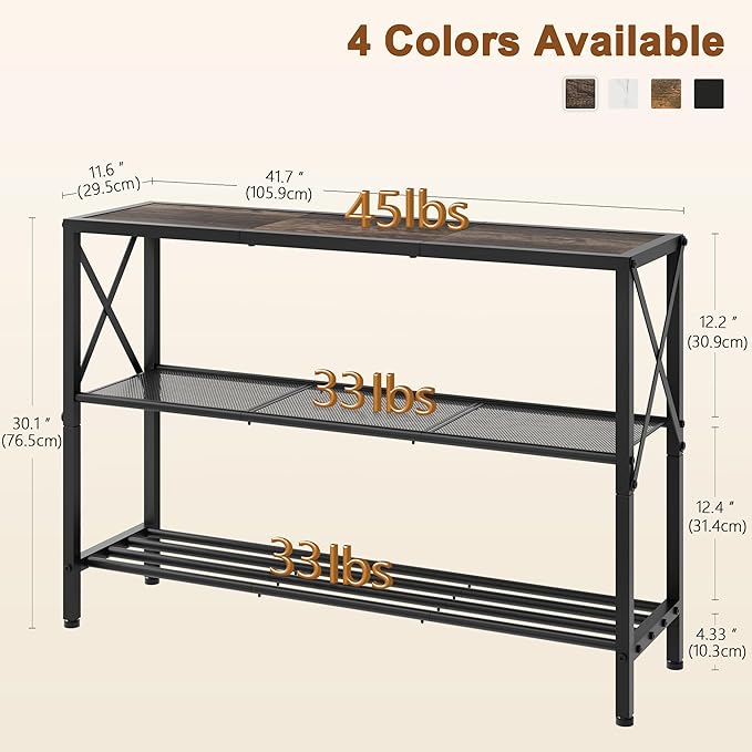 Hoctieon Industrial Console Table, 3 Tier Entryway Table, Hallway Table, Narrow Sofa Table with Shelves, Entrance Table for Entryway, Living Room, Foyer, Hallway, Office, Grey