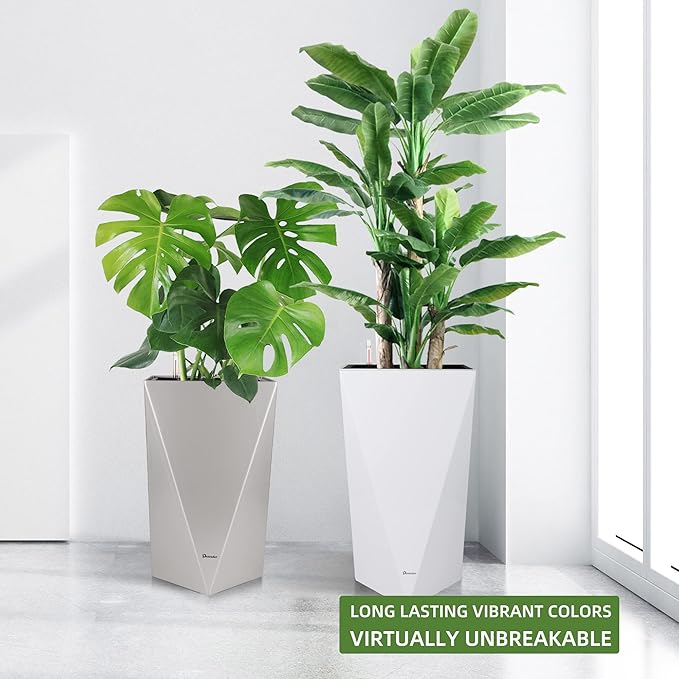 Dexceder 20 Inches Tall Self Watering Planter Diamond Metallic Matte Indoor Outdoor, Thickened Rhombus Large Floor Standing Flower Plant Pot with Water Level Indicator (Gray)