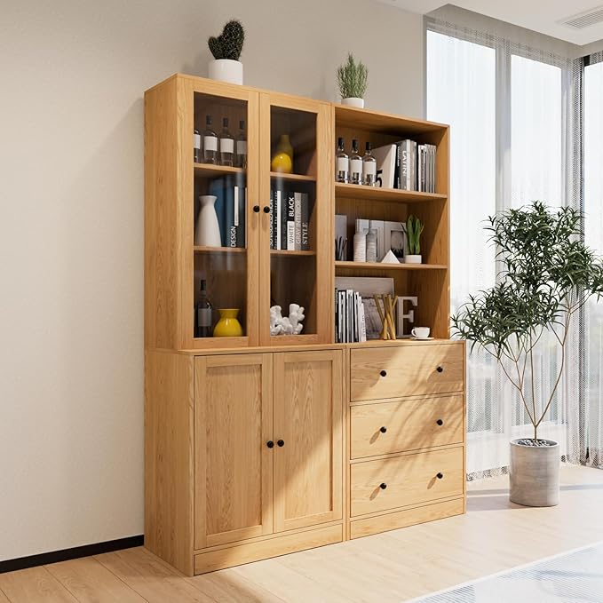 TUSY 71" Bookshelf Bookcase, 3-Tier Modern Bookshelves 3 Large Drawer, Wood Filing Cabinet with Open Storage Shelf, Glass Doors 5-Tier Fixed Storage Shelves for Home Office (Wood)