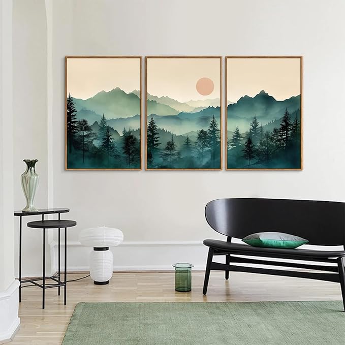 SIGNINART Large Boho Mountain Framed Canvas Wall Art Set, Nature Pine Tree Wall Painting, Abstract Foggy Forest Wall Decor, Modern Sunrise Art Prints for Bedroom Living Room and Office - 16"x24"x3