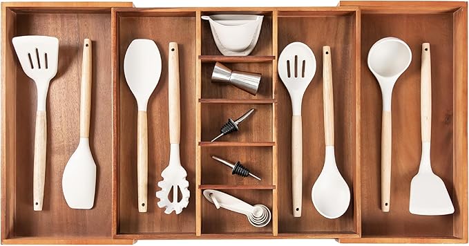 Adjustable Kitchen Drawer Organizer for Utensils and Junk, Food-Safe Contract Grade with 100% Sustainable Wood, Non-Slip, Expandable from 18.5 to 33 Inches Wide - Natural Acacia