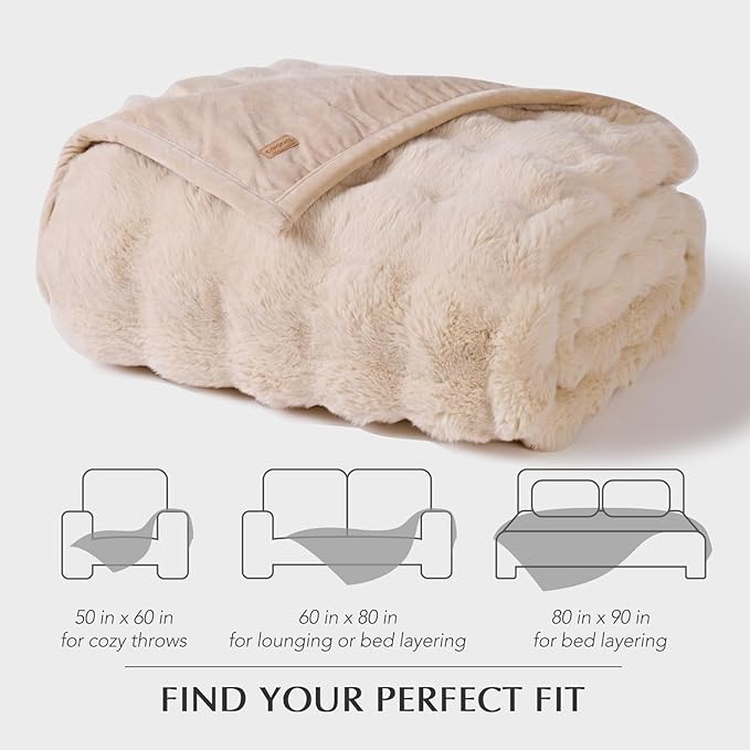 EVERGRACE Ultra Soft Luxury Fluffy Ridgeline Faux Rabbit Fur Throw Blanket, Thick Warm Bubble Throw for Bed, Cozy Plush Reversible Blankets for Couch, Chair, Sofa, Cream, 80x90 Inches, 870 GSM