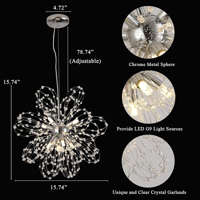 Modern Small Chandeliers, Sputnik Sunflower Crystal Beaded Hanging Lamps, Round Chrome Dandelion Pendant Light for Kitchen Island Bathroom Bedroom Entryway (Chrome 8Lights)