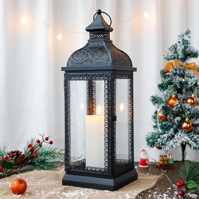 TRIROCKS Rustic Style Metal Candle Lantern 19'' High Decorative Hanging Lantern Candle Holder with Tempered Glass for Christmas Living Room Garden Yard Patio Parties Events Indoors Outdoors(Black)