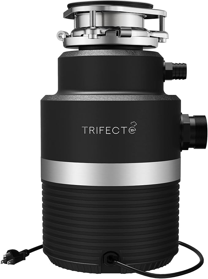 Trifecte Series 1 HP Continuous Feed Garbage Disposal with Sound Reduction, Power Cord, Stainless steel Flange,Splash Guard, Wrench Included, Black