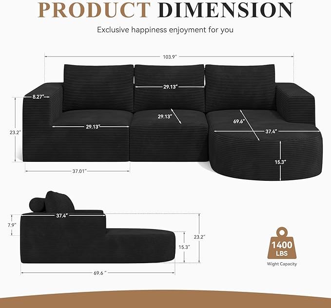 Modular Sectional Sofa with L-Shape Chaise,Cloud Sectional Modern Sleeper Couch with Deep Seat,Sponge Compression Sofas No Assembly Required(Black-Corduroy Fabric) 1PCS