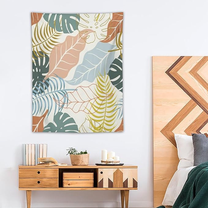 ICMOLYYENLO Boho Green Leaves Tapestry, Mid Century Abstract Tropical Palm Leaves Modern Minimalist Geometric Wall Hanging, Neutral Home Decor Art for Living Room Bedroom Dorm 60x80 Inch