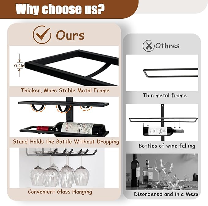 8 Bottle Wall Mount Wine Rack with Wine Glass Holder, Metal Wine Wall Rack, Wall Racks for Wine Bottles Display and Storage, Hanging Bottle Organizer for Living Dining Room Wine Cellar Bar (Black）