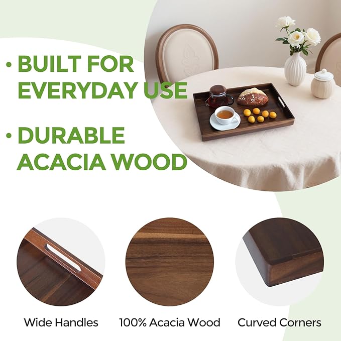 Acacia Wood Serving Tray with Handles, 17 Inch Wooden Tray for Ottoman, Breakfast, Lunch, Dinner, Decorative Rectangular Tray for Living Room, Kitchen Counter, Outdoor