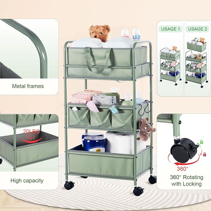 Honeydak 2in1 Baby Diaper Caddy Organizer Cart 3 Tier Large Capacity Metal Utility Bedside Rolling Cart with Divider for Newborn Nursery Essential Must Have for Crib Bedroom Baby Shower(Green)