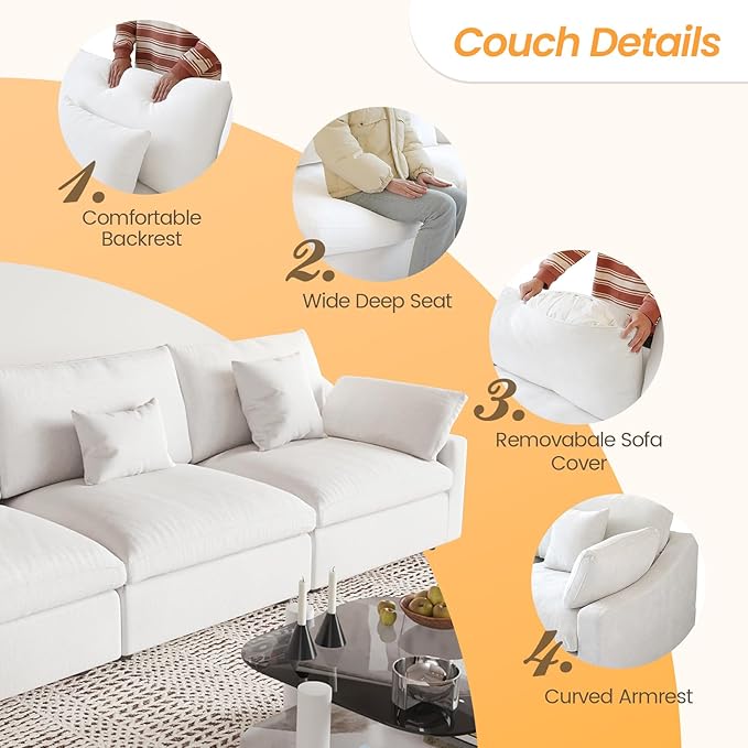 JACH Sectional Couches for Living Room, Cloud Sectional Couch with Deep Seat, Down Filled Modular Sofa, Covers Removeable & Washable,Love Seat Sofas Furniture for Living Room, White