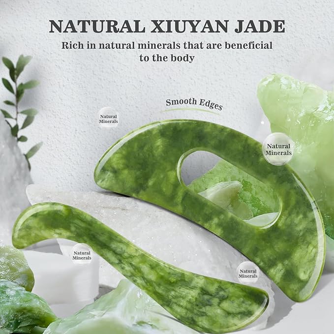 2 PCS Jade Stone Gua Sha Massage Tool, Large Guasha Muscle Scraper Tools Set with Handle Muscle Scraping Massage Tools S Shaped Anti Cellulite Spa Acupuncture Tools for Lymphatic Drainage