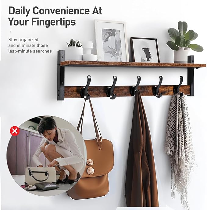 Tatub 29" Rustic Coat Rack Wall Mount with Shelf, Entryway Wall Hooks with Shelf, Coat Hangers for Bathroom, Living Room, Bedroom, Rustic Black