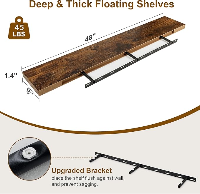Fun Memories Floating Shelves, 8 Inch Deep Floating Shelves, Rustic Wood Fireplace Mantel 48 in Long, 48 x 8 Floating Wall Shelves for Living Room, Kitchen, Bedroom, Rustic Brown, 1 Pack