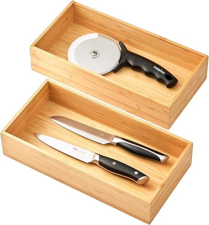 Umilife Bamboo Kitchen Utensils Organizer, Extra High Silverware Drawer Holder, Flatware Cutlery Storage Box, Multi-Use Drawer Divider in Office, Bathroom, Pantry - 12"x6"x2.5" (Set of 2)