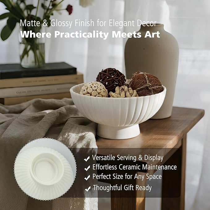 White Ceramic Fluted Decorative Bowl - 8 inch Fruit Footed Bowl for Kitchen Counter, Modern Key Pedestal Ruffle Bowl for Entryway Table & Home Organization-Fits Bread, Fruits, Salad or Popcorn