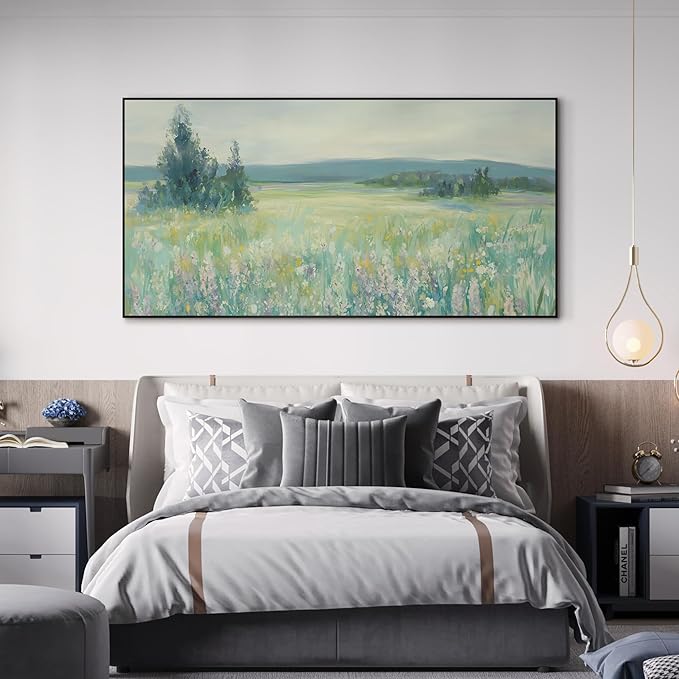 SIGNWIN 24"x46" Extra Large Framed Wall Art Wildflower Meadow Landscape Soft Pastel Nature Illustration for Home Living Room Bedroom Decor (Frame Assembly Required)