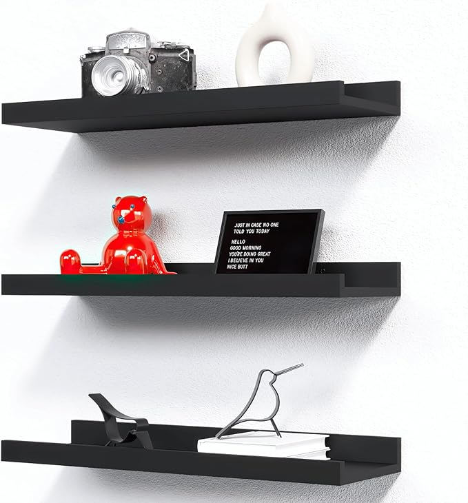 RICHER HOUSE 3 Set Floating Shelves for Wall, Black Wall Mounted Shelves with Lip for Storage, Display Picture Ledge Shelf for Bedroom Bathroom Kitchen Living Room Decor, Modern Black