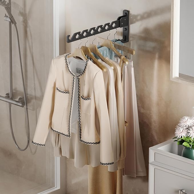 Dr.DJ Wall Mount Coat Hanger Holder Black Clothes Drying Organizer Rack Garment Hooks Aluminium Retractable Folding Indoor Wall Mounted Hanger for Laundry Room Bedroom Black 2Pack with 80cm Rod