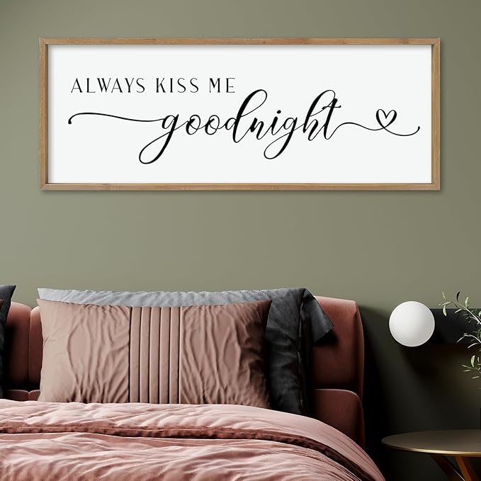 comurdyo Always Kiss Me Goodnight Sign for Bedroom Above bed Wall Decor 40''×15'' Large Wood Frame For Couples Over Bed Hanging Wall Art (Wood)