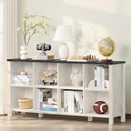 8 Cube Book Shelf, Farmhouse Wood Long Storage Organizer Bookcase, 62" Horizontal Antique White & Black Console Bookshelf, Kids Toy Storage Cabinet, Modern Open Book Case for Playroom, Office
