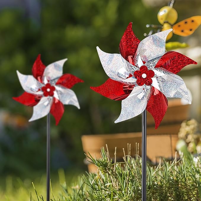 Hausse 10 Pack Reflective Pinwheels, Extra Sparkly Wind Sculptures for Garden Christmas Holiday Winter Decor, Bird Devices Deterrent to Scare Birds Away from Yard Patio Farm, Red & Silver