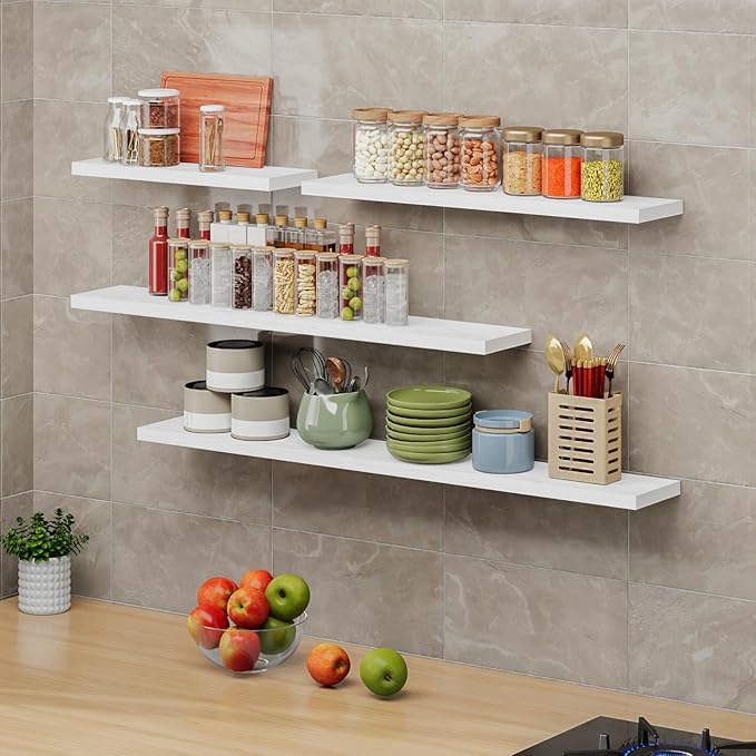 SAUMONIERES Floating Shelves 8 Inch Deep Solid Wood Wide Wall Shelf Set of 2 Wall Mounted for Bedroom Bathroom Living Room Kitchen, 36 Inch White
