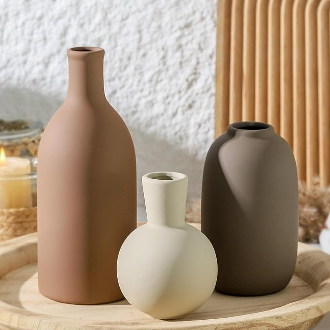 Ceramic Vases Set of 3, Modern Neutral Rustic Farmhouse Home Decor Pottery Pampas Decoration for Living Room, Table, Bathroom, Bedroom, Entryway - Brown