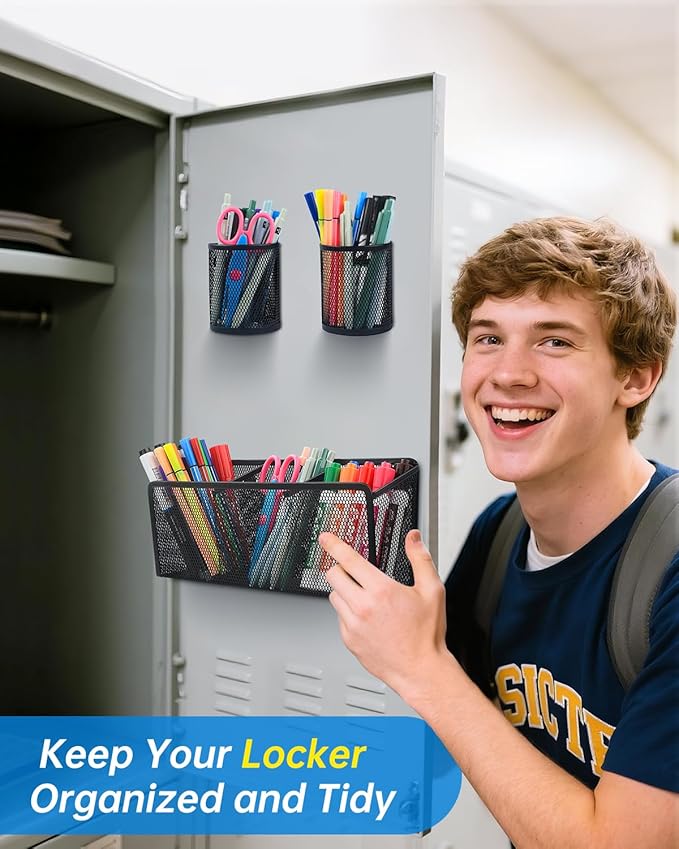 VICNOVA Magnetic Pencil Holder - Metal Pen Holder with Strong Magnets - Storage Basket Organizer for Whiteboard, Refrigerator, Locker Accessories