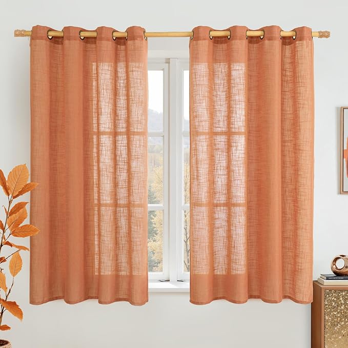 LAMIT Semi Sheer Linen Curtains 45 Inches Long, Bronze Grommet Light Filtering Panels Country Decor Drapes for Bedroom/Farmhouse/Windows, 52 x 45 Inch, Burnt Orange, 2 Panels Set