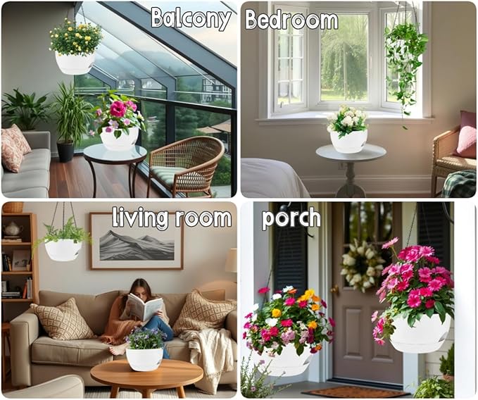 2 Pack 12 Inch Large Hanging Planters with Chains Self Watering White Plastic Hanging Pots for Indoor Outdoor Plants, Garden Porch Home Decor，White
