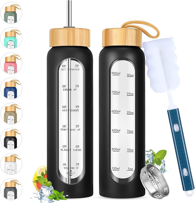 32 oz Glass Water Bottle with Straw - Motivational Time Marker & Silicone Sleeve - Reusable Tumbler Includes 2 Bamboo Lids & Fruit Infuser - 1 Pack